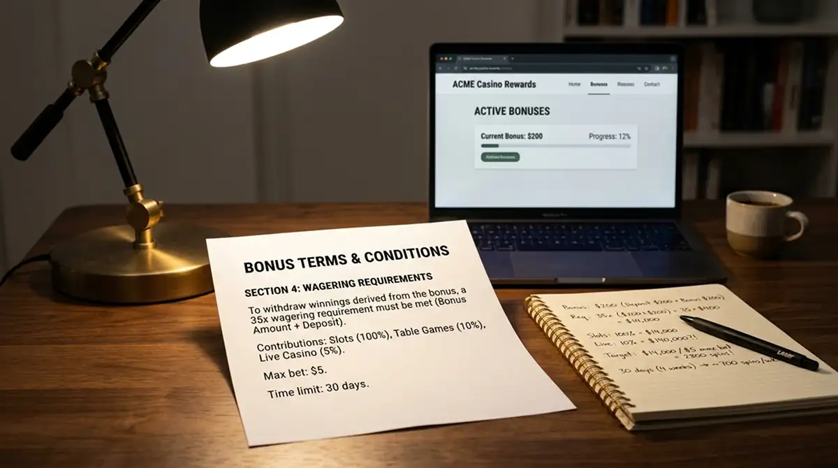 Dokument mit Bonusbedingungen und Taschenrechner auf Schreibtisch