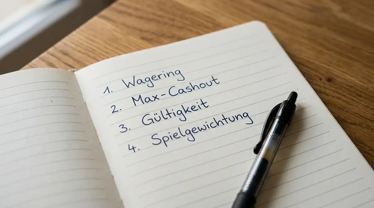 Notizblock mit Stichworten Wagering, Max-Cashout, Gültigkeit, Spielgewichtung, daneben ein Kugelschreiber