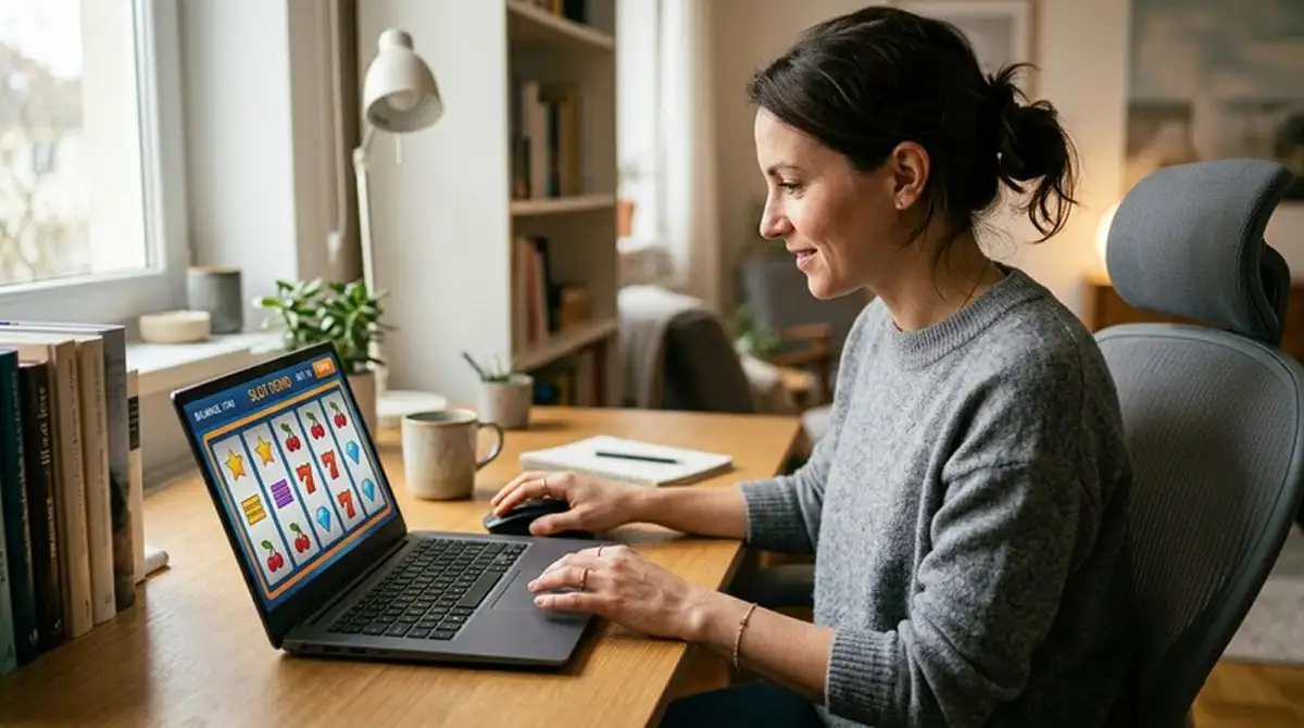 Person testet einen neutralen Spielautomaten im kostenlosen Modus auf einem Laptop