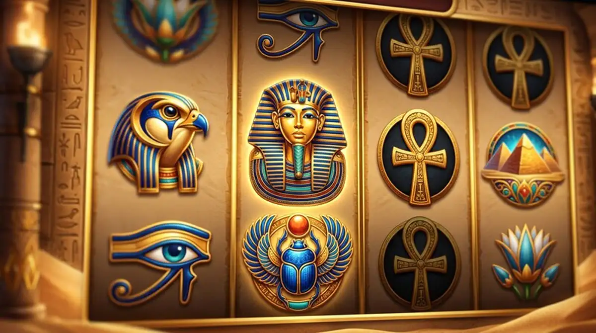 Detailaufnahme ägyptischer Spielautomaten-Symbole auf Walzen, ohne erkennbares Markenlogo, neutrales Farbschema Sand und Gold