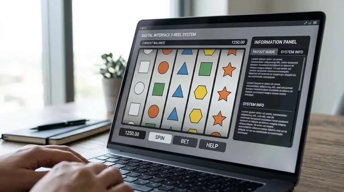 Neutrales Spielgerät mit Walzen, Symbolen und geöffnetem Informationsfenster ohne Markenlogo