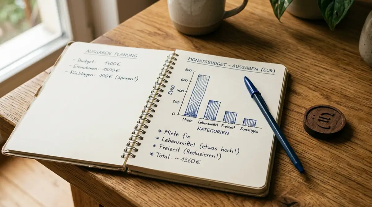 Notizbuch mit handgezeichnetem Budgetplan und Euro-Symbol daneben auf Holztisch