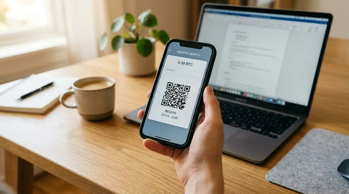 Smartphone mit geöffneter ADA-Wallet und QR-Code am Schreibtisch