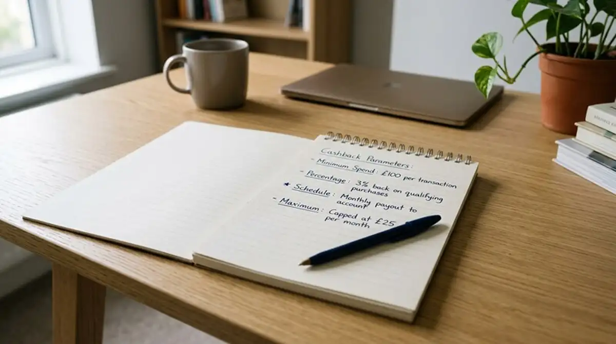Notizbuch mit aufgelisteten Cashback-Parametern