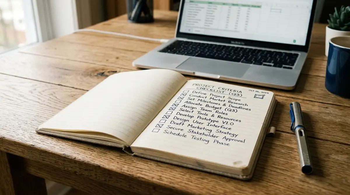 Offenes Notizbuch mit Checkliste zur Casino-Auswahl neben Laptop
