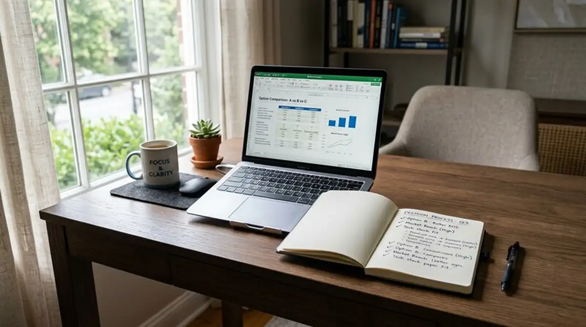 Schreibtisch mit aufgeklapptem Laptop und Notizblock mit Checkmarks