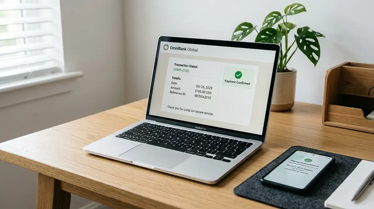 Laptop mit neutraler Banking-Oberfläche und abgeschlossener Transaktion