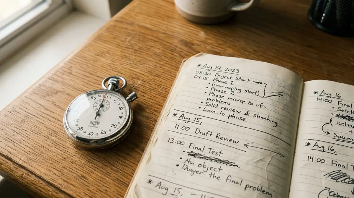 Stoppuhr neben einem Notizbuch mit handschriftlichen Zeitangaben für verschiedene Zahlungsmethoden