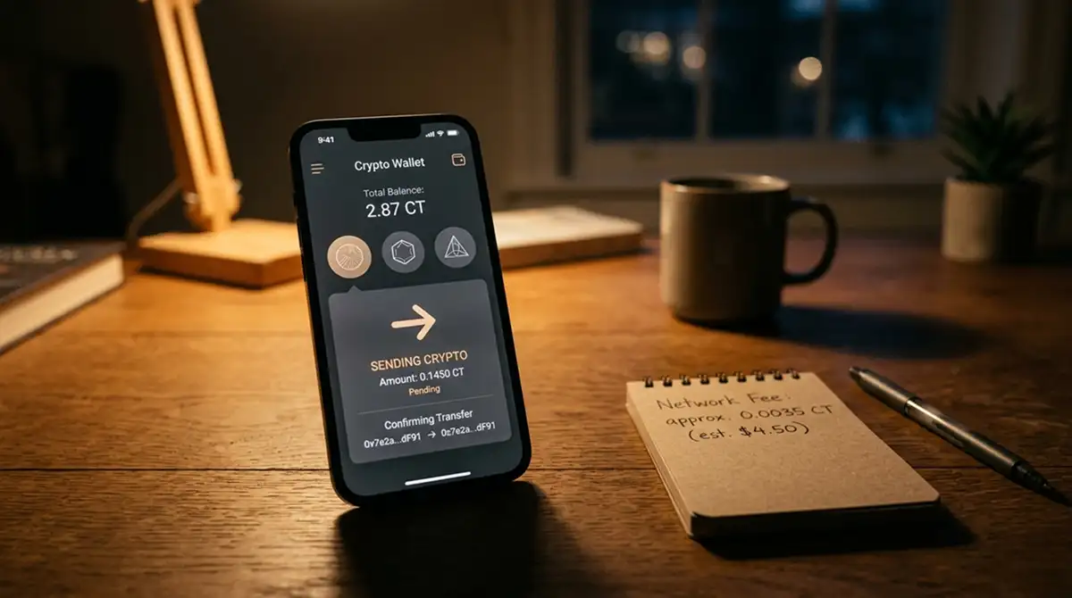 Handy mit neutraler Krypto-Wallet-Oberfläche und Notizen zur Netzgebühr daneben