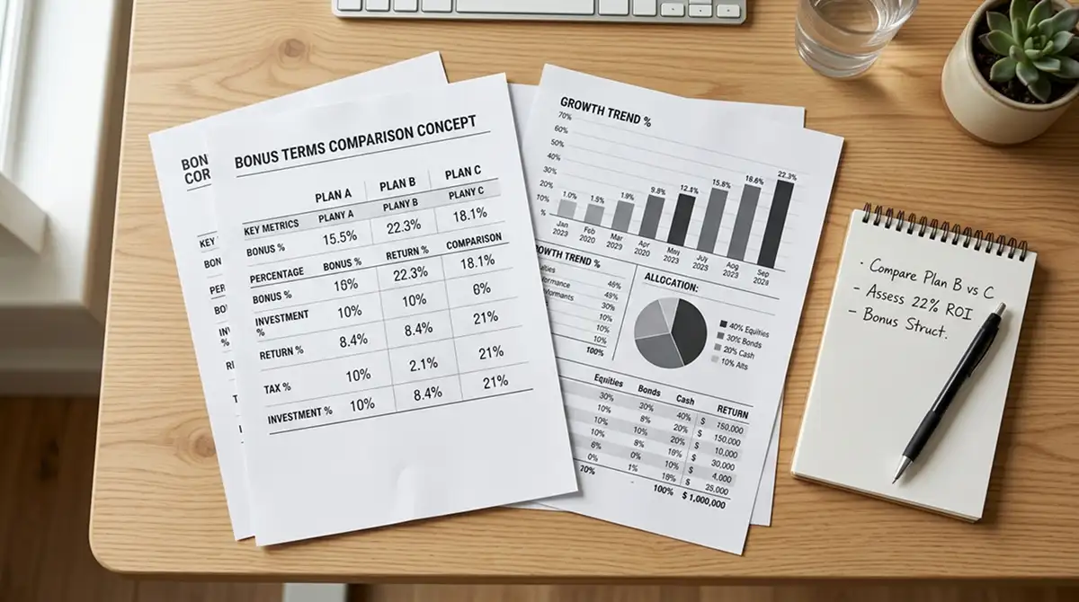 Dokumente mit Prozentwerten und Charts auf Schreibtisch