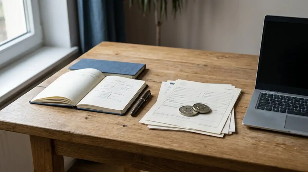 Schreibtisch mit Notizbuch, Münzsymbolen und geöffneter Lizenzurkunde