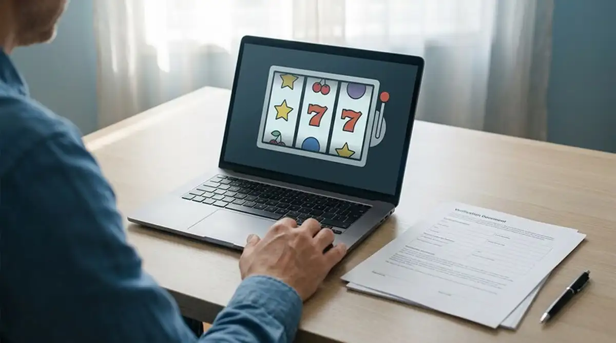 Book of Dead Casino mit neutralem Spielautomaten und Prüfdokument auf einem Schreibtisch