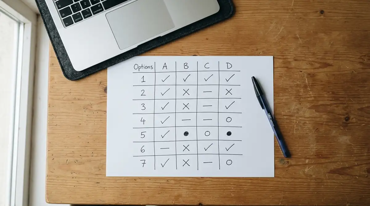 Schlichte Entscheidungsmatrix auf Papier mit neutralen Symbolen