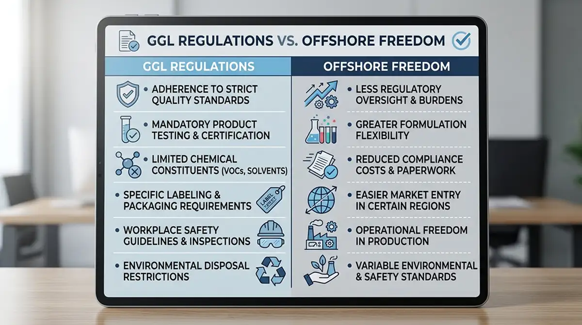 Vergleichsgrafik mit zwei Spalten: GGL-Regeln und Offshore-Freiheiten