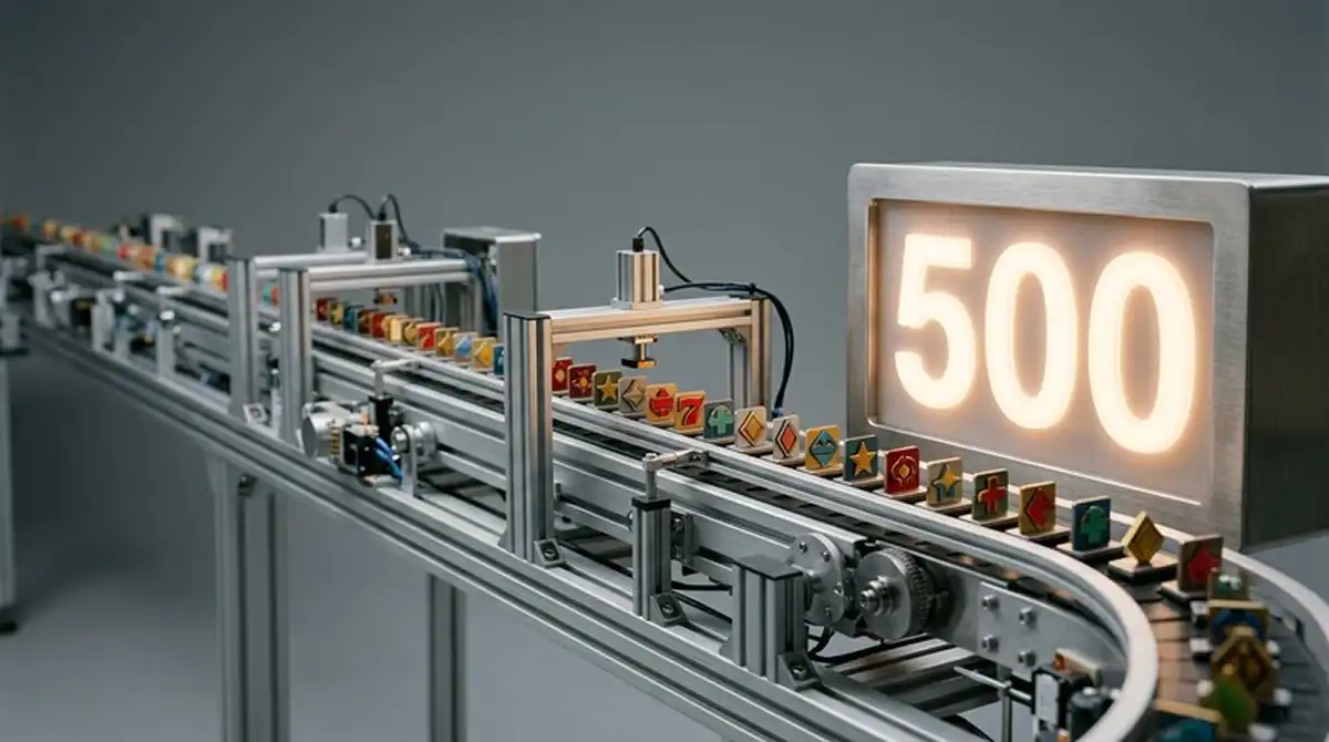 Strecken-Band mit Spielautomat-Symbolen auf mehreren Etappen, die zu einer großen Zahl 500 zusammenlaufen