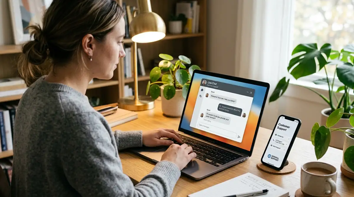 Person am Laptop im Live-Chat mit Casino-Support