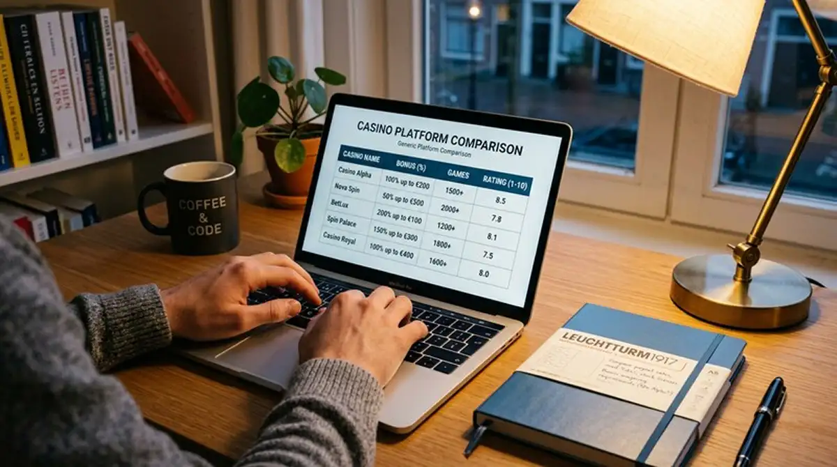 Person analysiert Casino-Vergleich auf Laptop mit Notizen