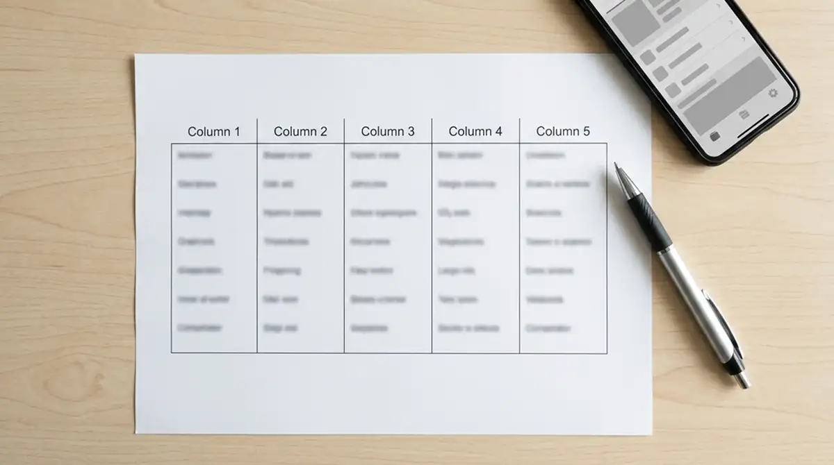 Gedruckte Vergleichstabelle mit generischen Spaltenüberschriften und Stift auf weißem Papier