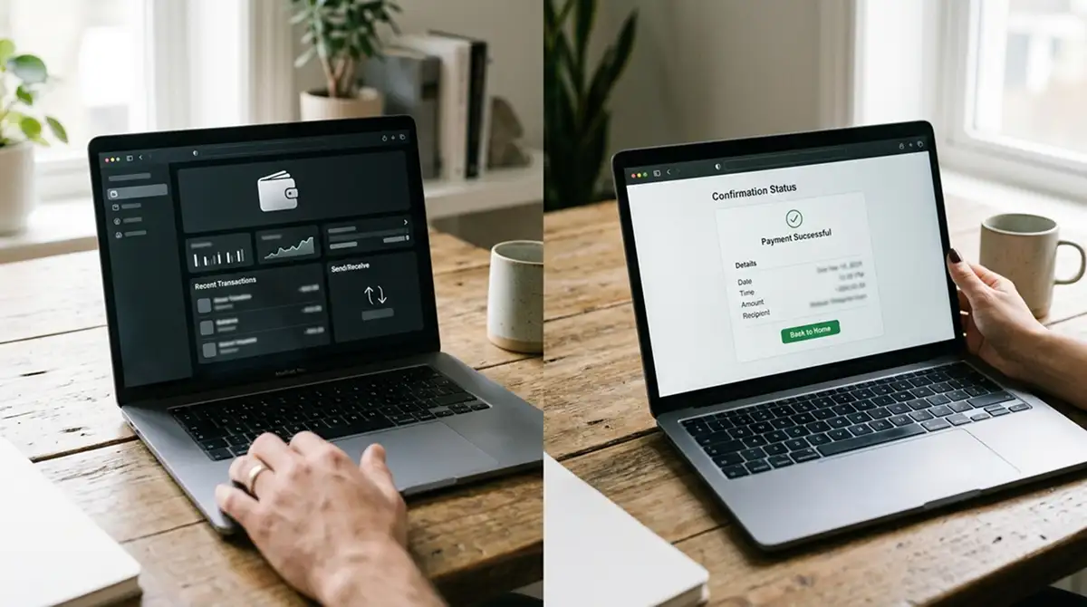 Neutrale Zahlungsansichten auf zwei Laptops ohne Markenkennzeichnung