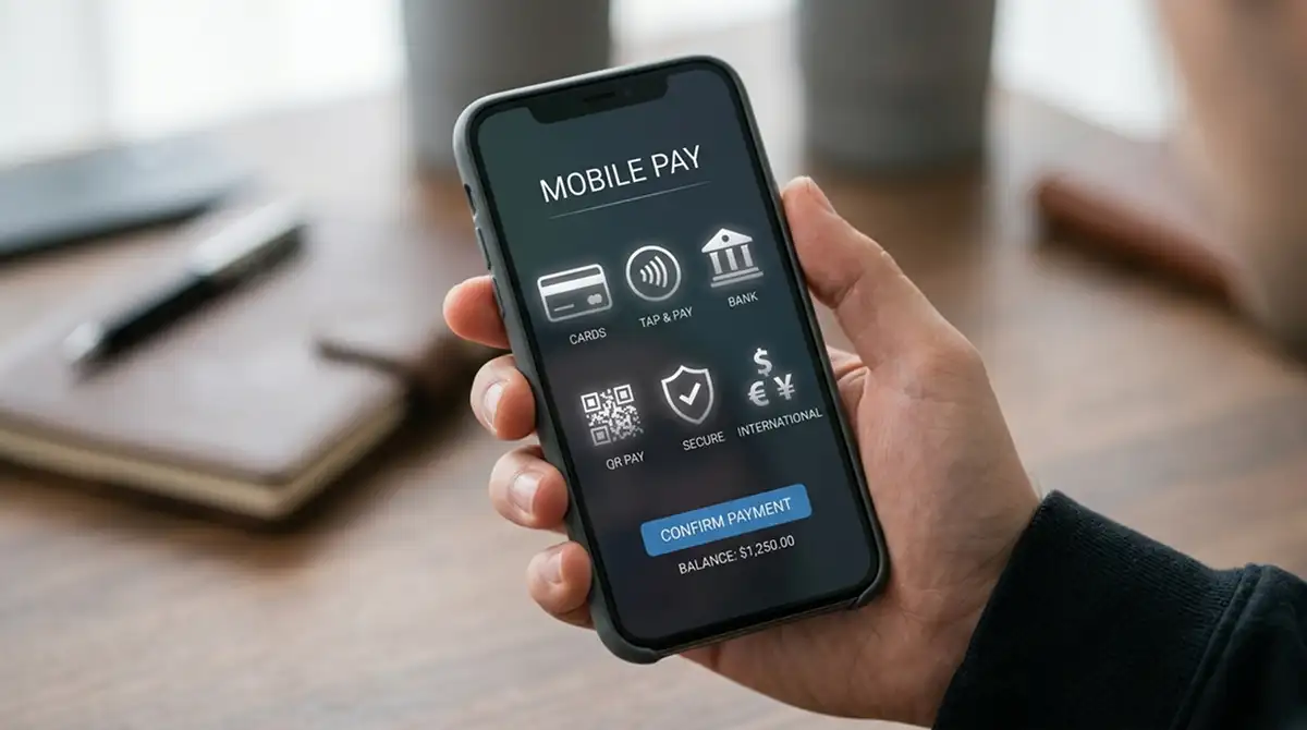 Smartphone mit mehreren Zahlungsarten auf dem Bildschirm — E-Wallet, Kreditkarte, Kryptowährung, Banküberweisung