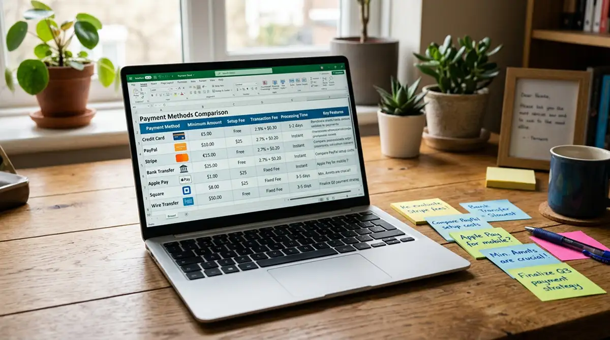 Laptop-Bildschirm mit Casino-Vergleichstabelle und Notizen zu Zahlungsmethoden