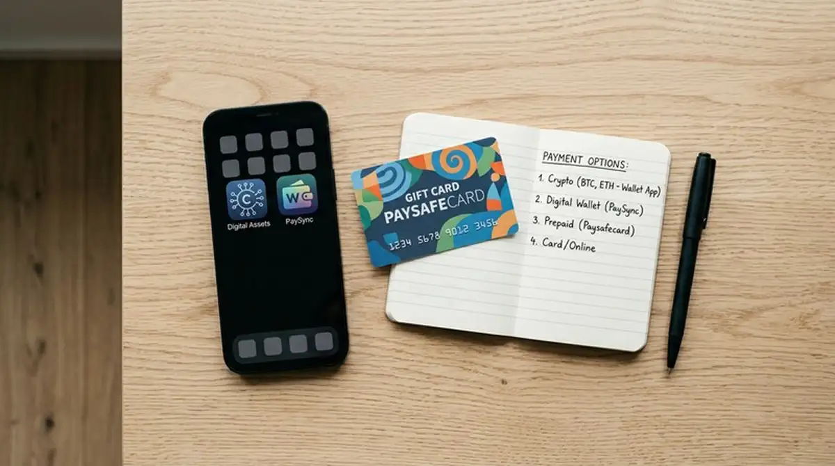 Smartphone mit Krypto-Wallet und E-Wallet-Apps neben paysafecard-Gutscheinkarte