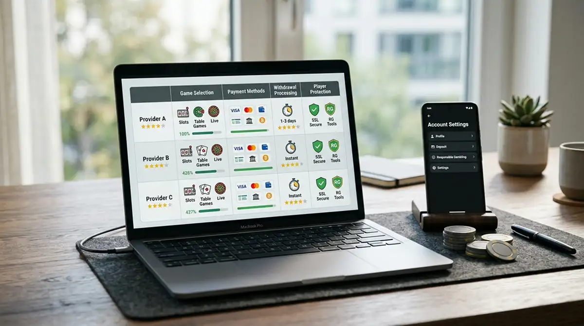 Laptop mit neutraler Vergleichstabelle und abstrakten Spielautomaten ohne Logos