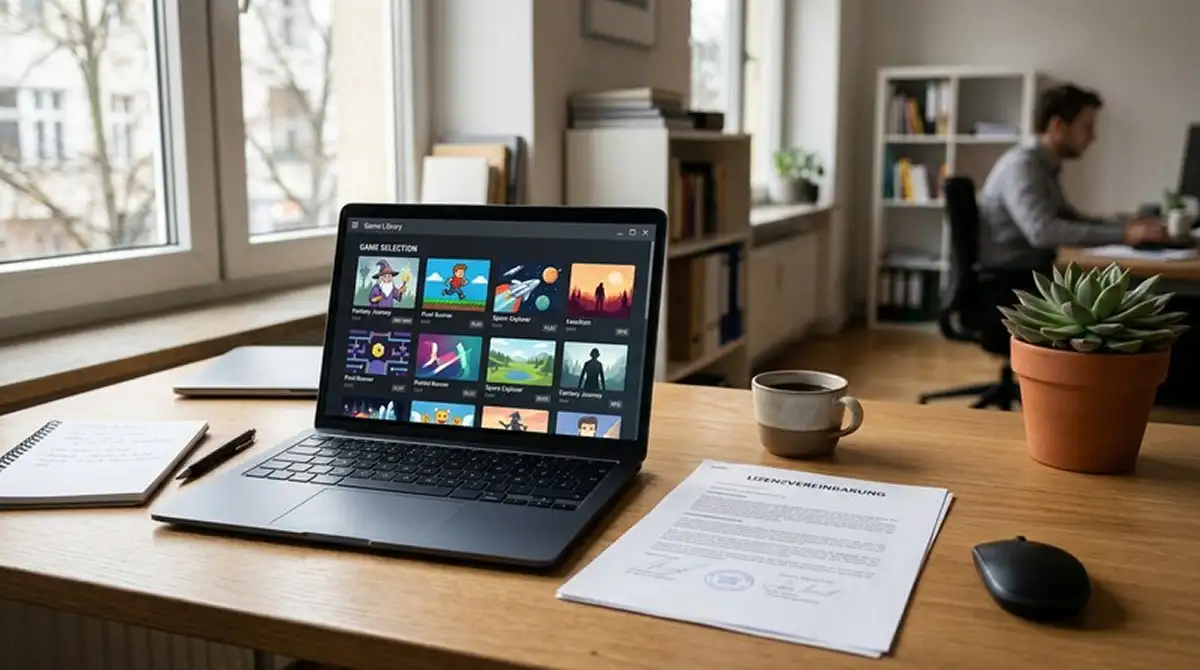 Neutraler Laptop mit Spielauswahl und Lizenzdokument