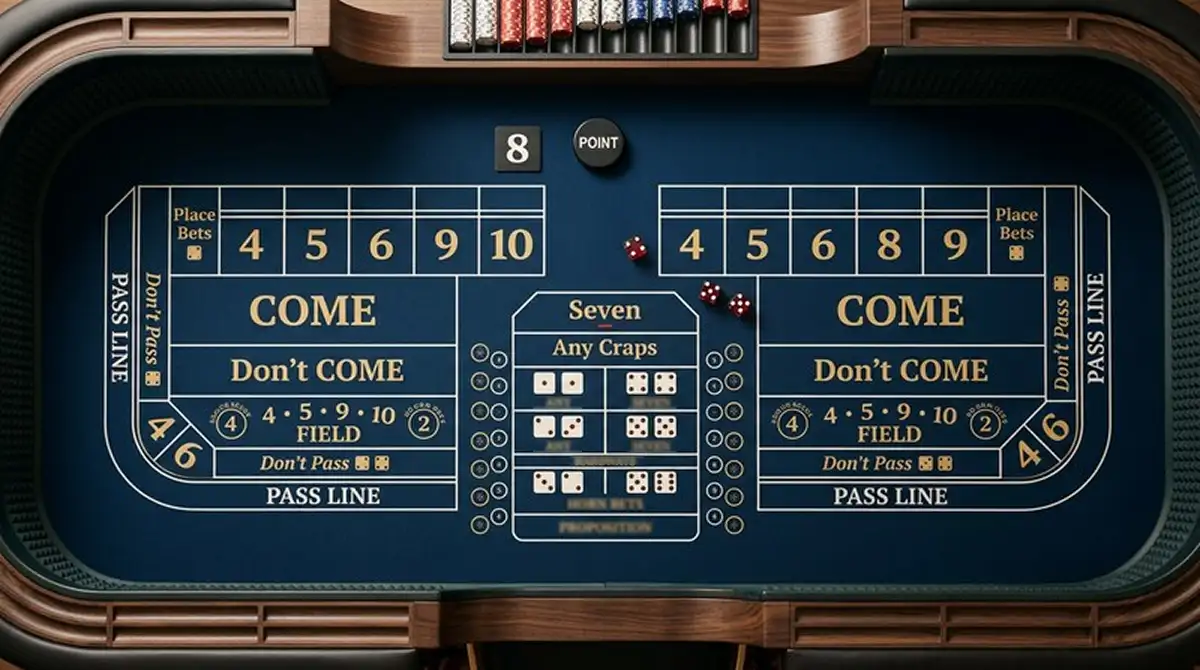 Craps-Tisch mit markierten Wettfeldern und gesetztem Point
