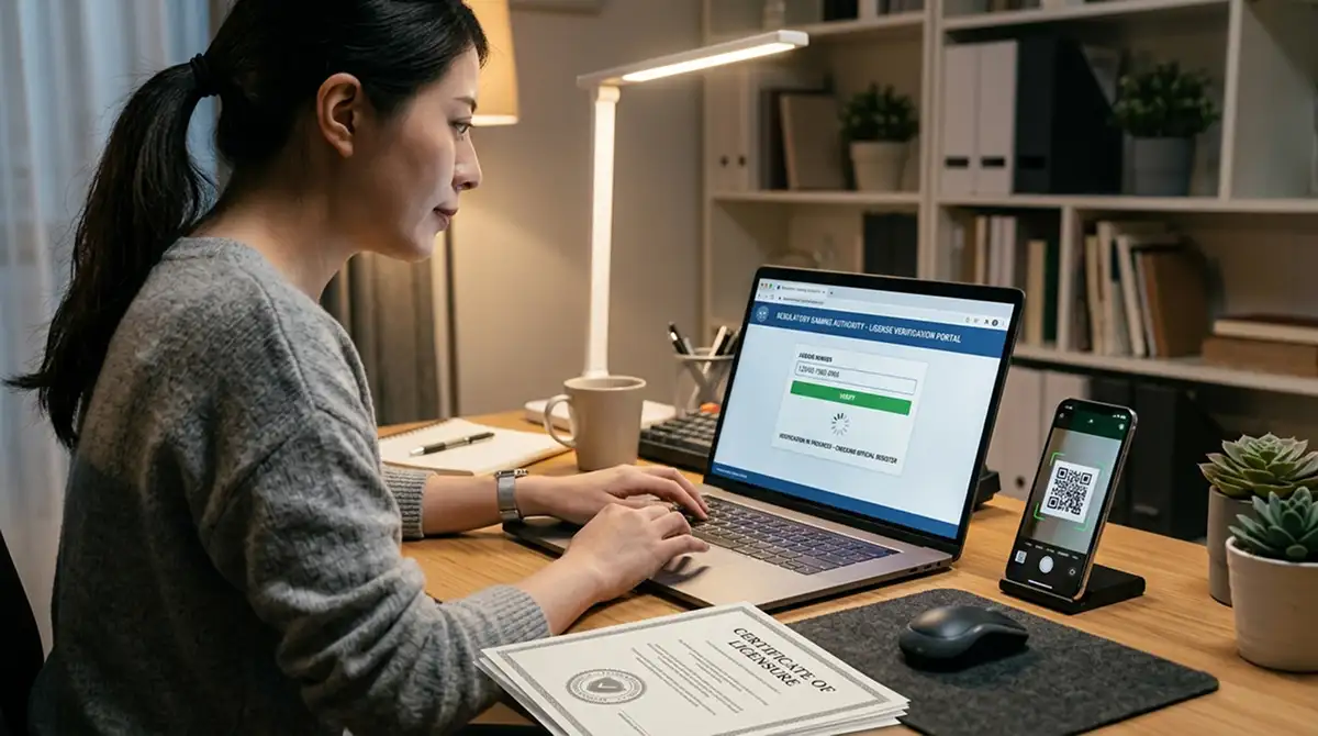 Offizielle Lizenzprüfung im Register mit Laptop und Verifikationsseite