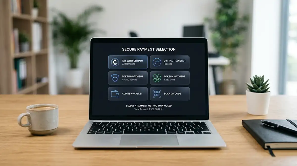 Laptop mit verschiedenen Zahlungsmethoden-Icons: Krypto, E-Wallets, Paysafecard