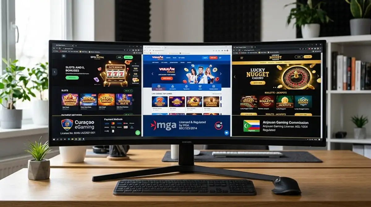 Reihe verschiedener Casino-Webseiten mit unterschiedlicher Lizenzangabe auf einem Bildschirm