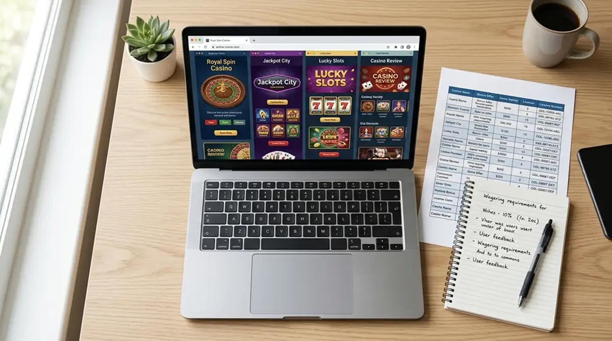 Schreibtisch mit geöffneten Casino-Tabs und Vergleichstabelle mit OGL-Lizenznummern