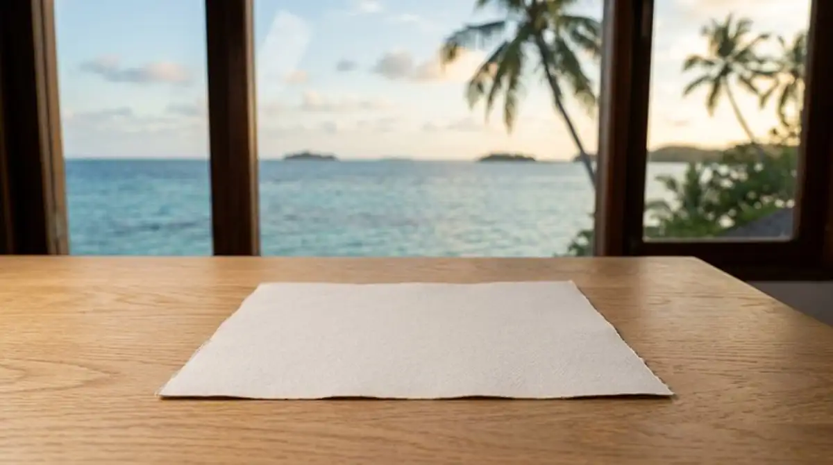 Neutrales Lizenzdokument ohne Wappen auf einem Schreibtisch am Meer