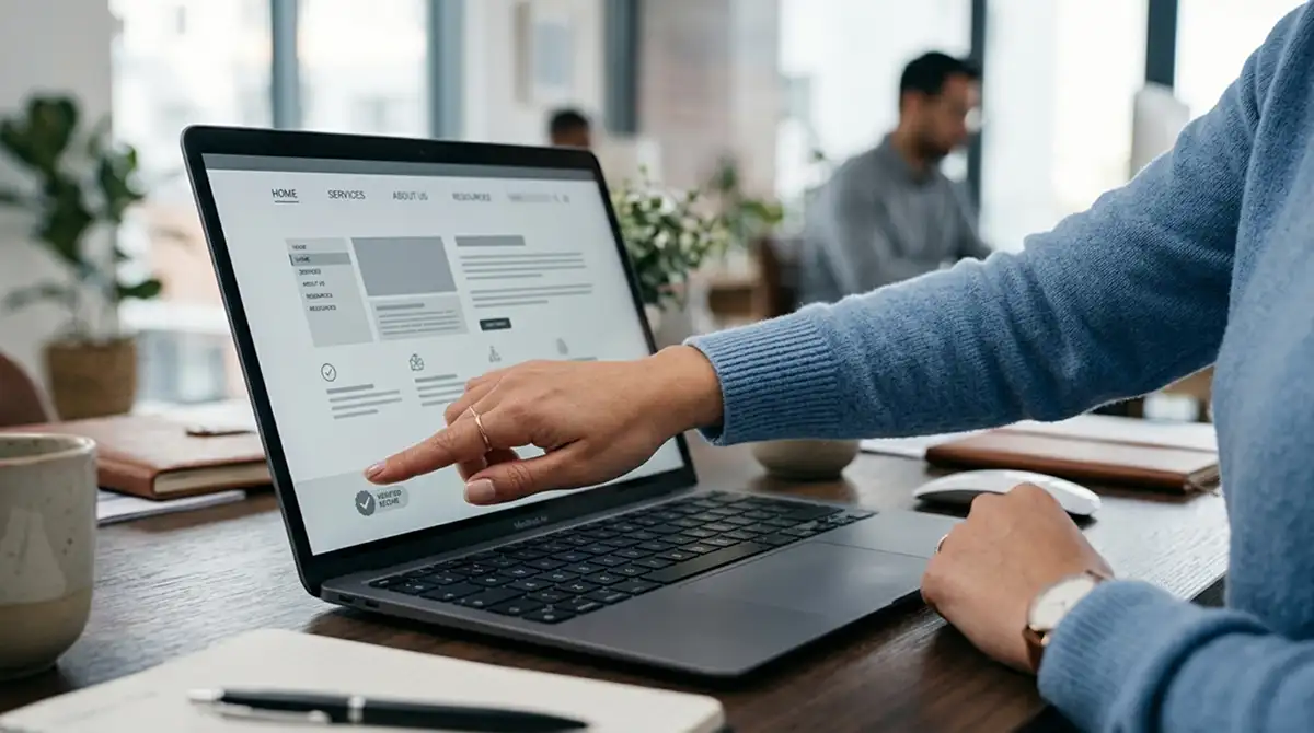 Hand prüft ein neutrales Lizenzsiegel auf einer Website, sachliche Büroaufnahme