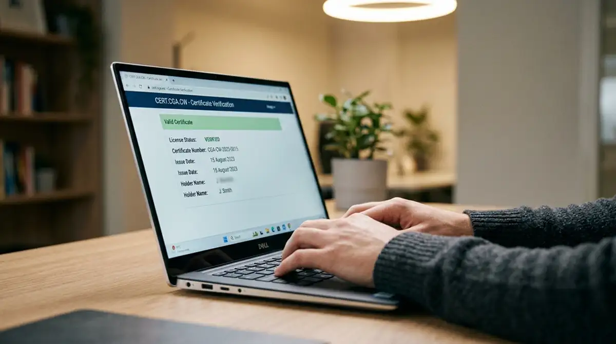 Person prüft Curaçao-Lizenzzertifikat auf dem Laptop über cert.cga.cw