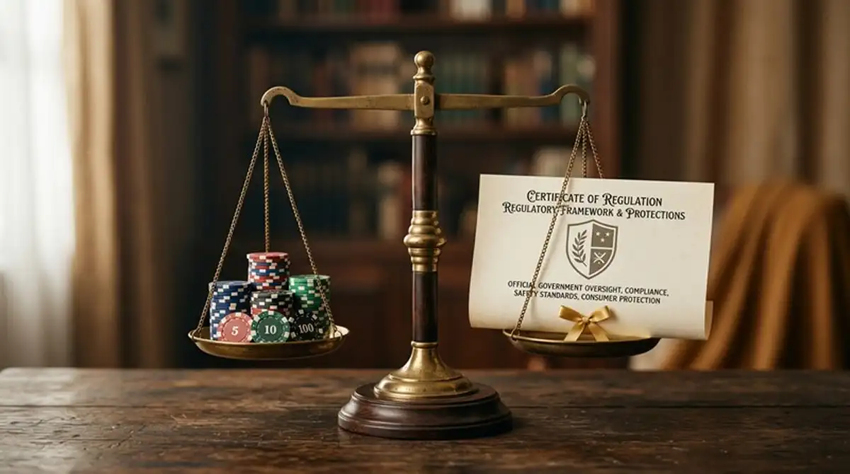 Waage mit Casino-Marken auf der einen und GGL-Symbol auf der anderen Seite