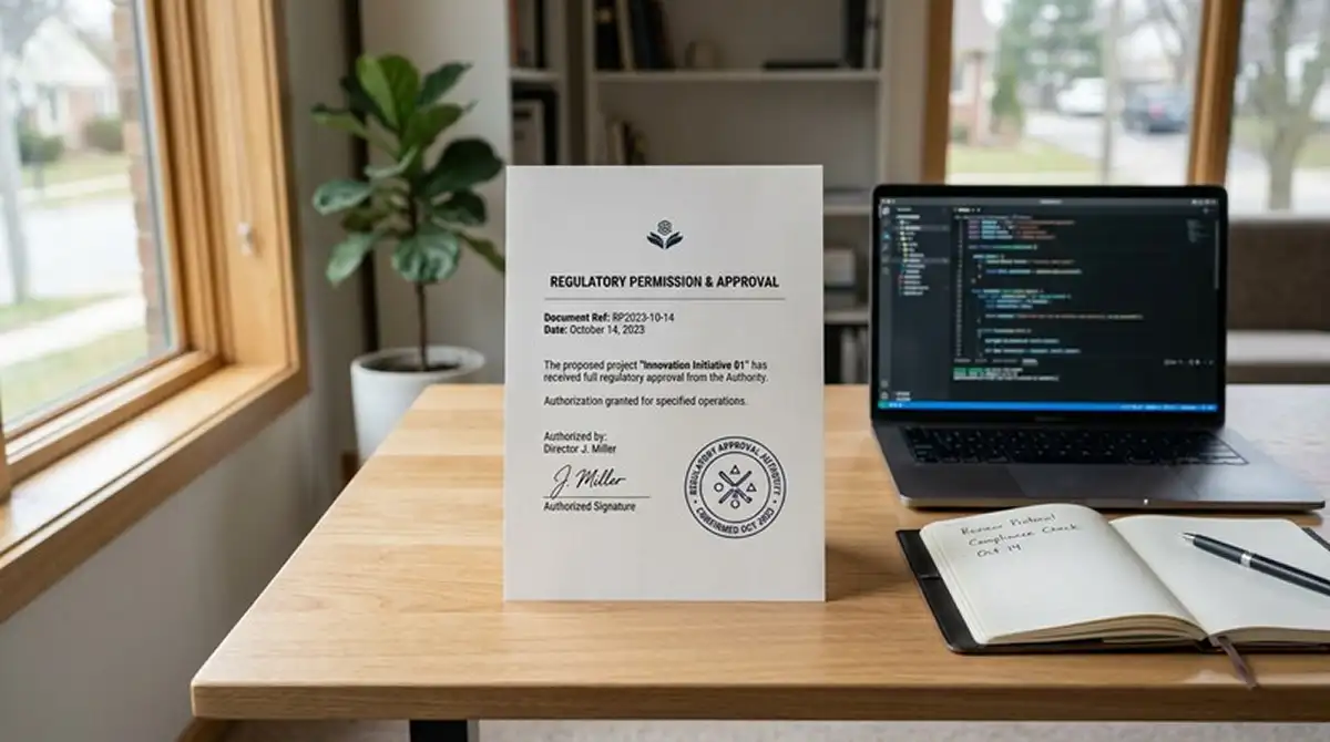 Neutrales Genehmigungsdokument neben Laptop und Notizblock