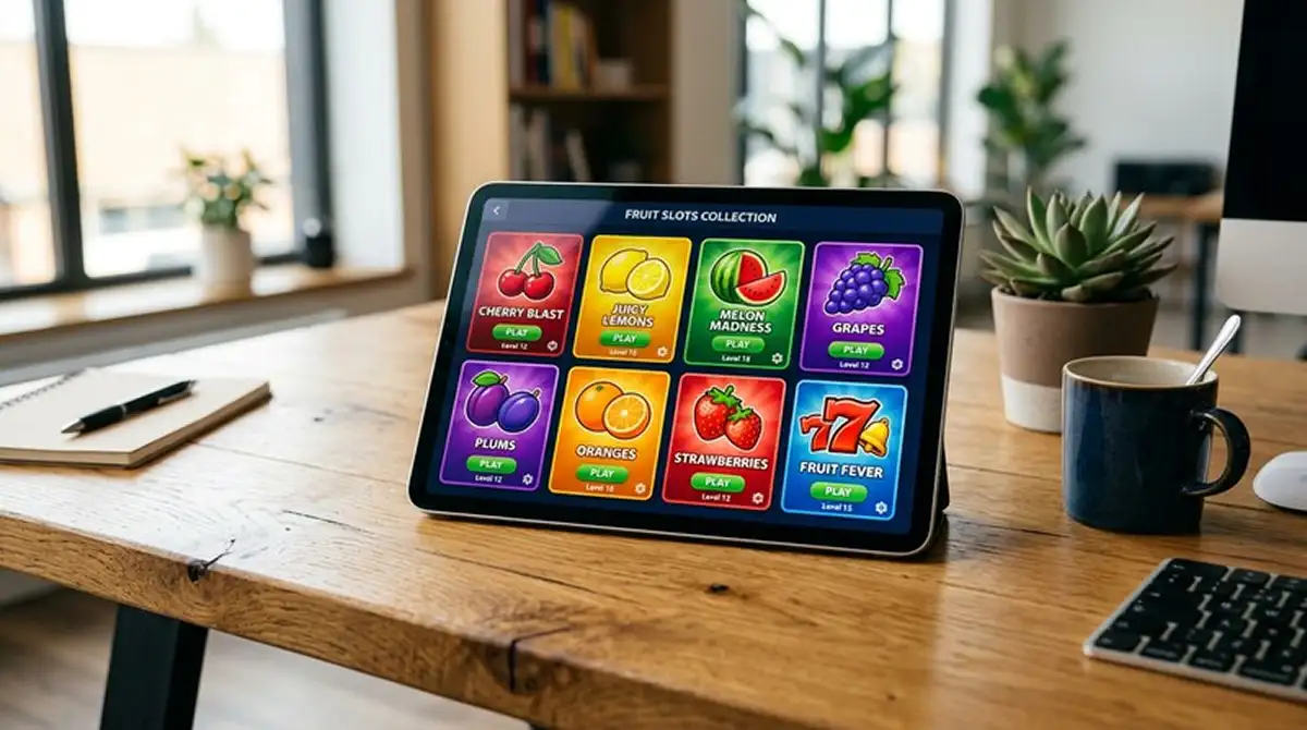 Tablet-Bildschirm mit verschiedenen Frucht-Automaten im GGL-Casino-Angebot