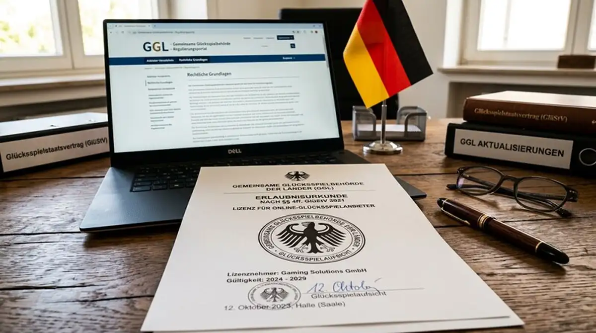 Offizielles Dokument mit Stempel und Laptop auf einem Schreibtisch