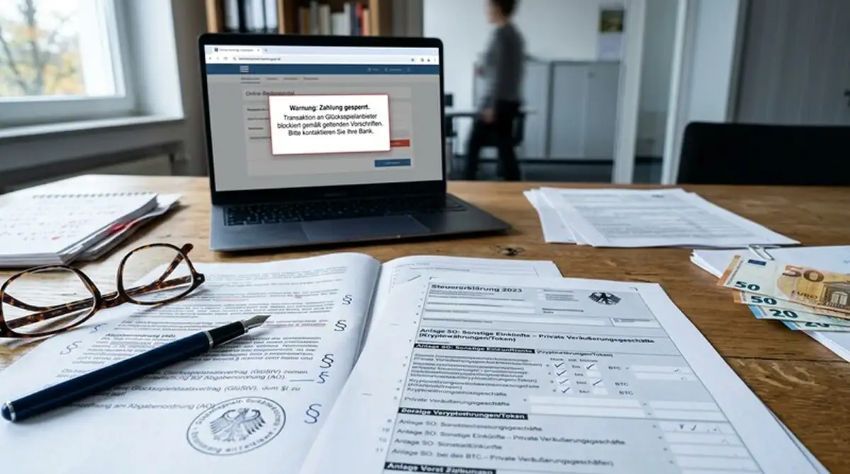 Dokument mit Paragraphenzeichen und Taschenrechner auf einem Schreibtisch