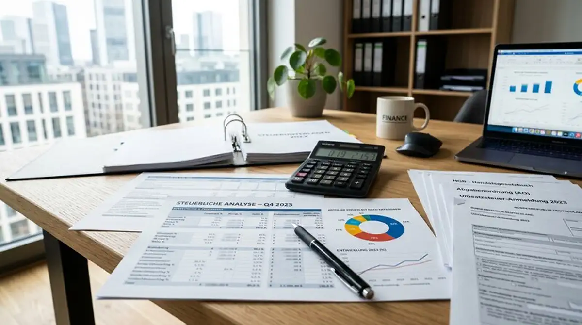 Finanzdokument mit Steuerberechnungen und Prozentsätzen auf Schreibtisch