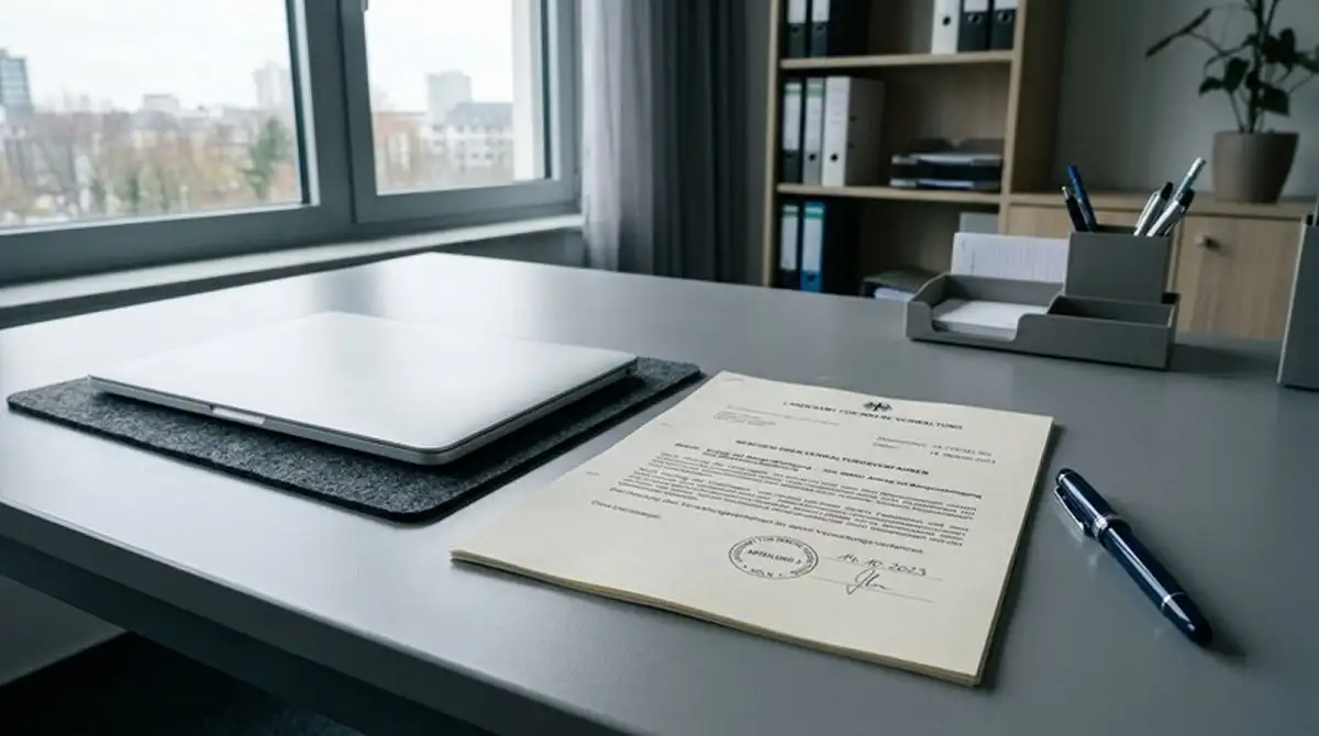 Amtliches deutsches Dokument mit Stempel neben einem geschlossenen Laptop