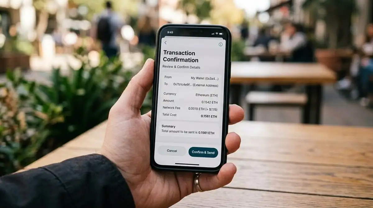 Smartphone mit geöffneter Krypto-Wallet und DOGE-Transaktionsbestätigung
