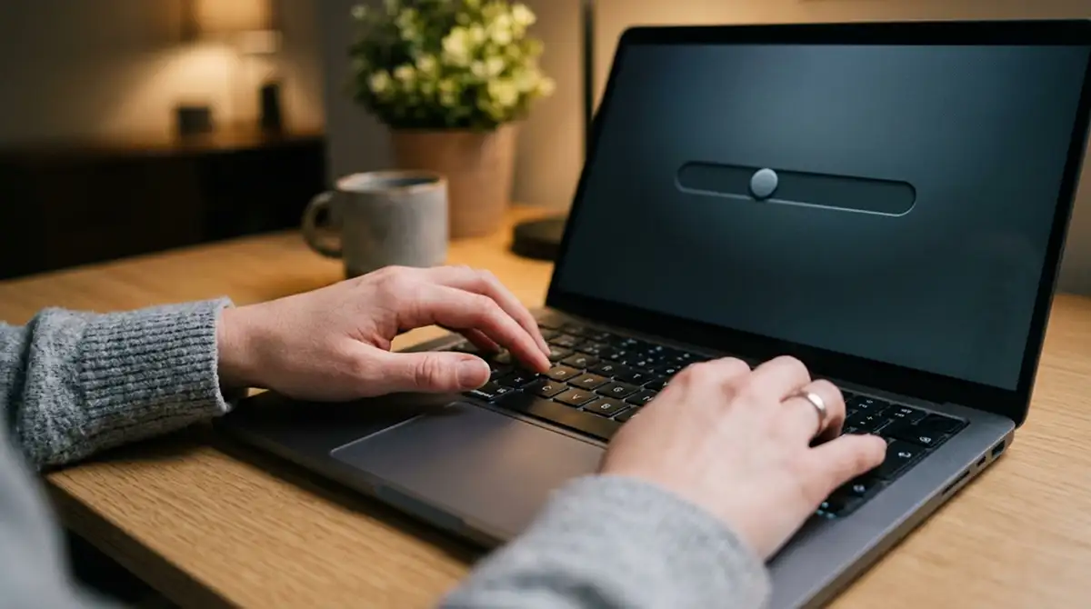 Nahaufnahme von Händen am Laptop mit sichtbarem Schieberegler ohne Beschriftung