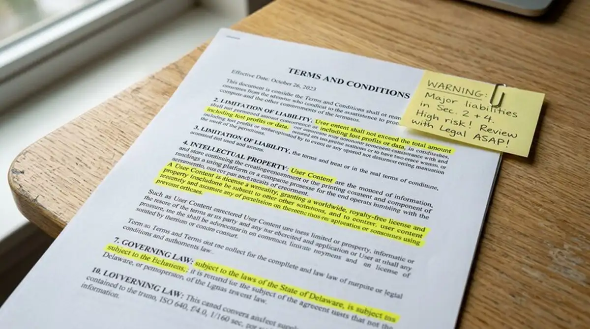 Warnschild-artige Notiz neben AGB-Dokument mit markierten Klauseln