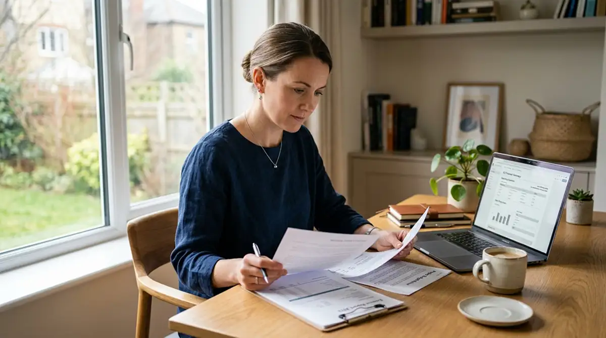 Person am Schreibtisch prüft Steuerdokumente am Laptop