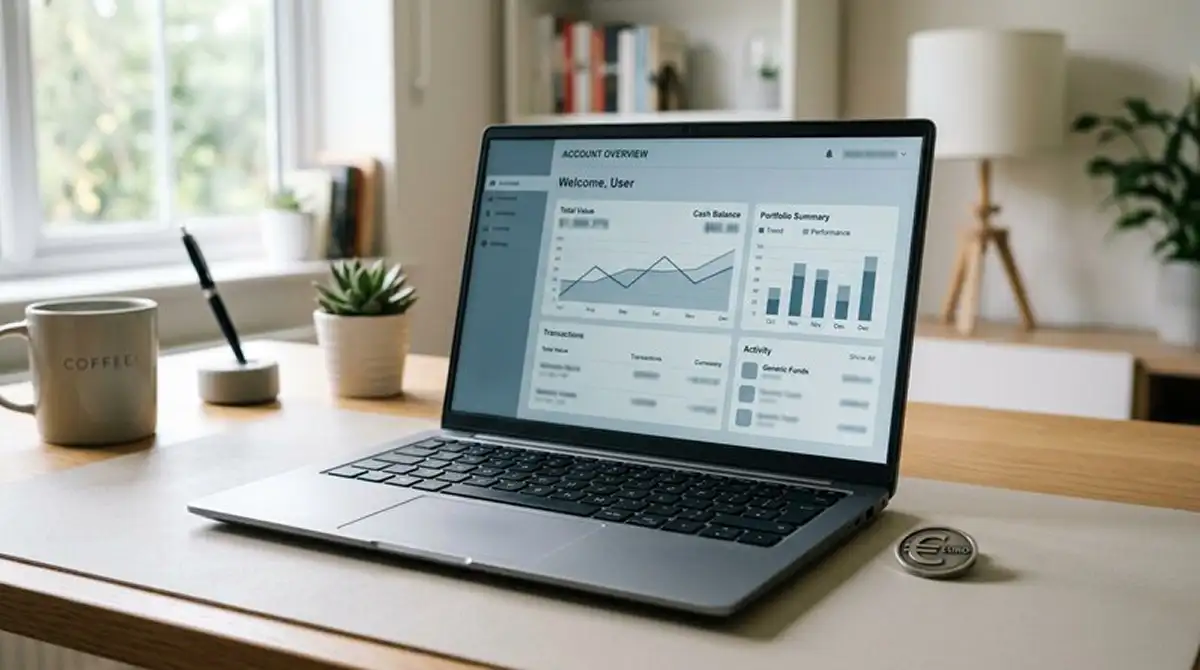 Laptop mit geöffneter Auszahlungsübersicht und symbolischem Eurozeichen