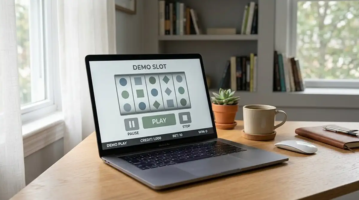 Laptop mit neutralem Demospiel und klaren Stop-Grenzen ohne Markenlogo