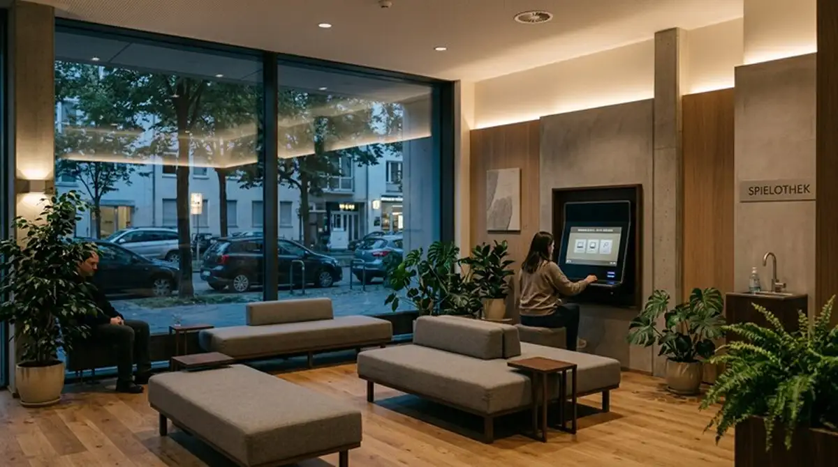 Glasfront einer modernen Spielothek-Lobby mit dezenten Leuchtschildern und ruhigen Wartebereich-Bänken